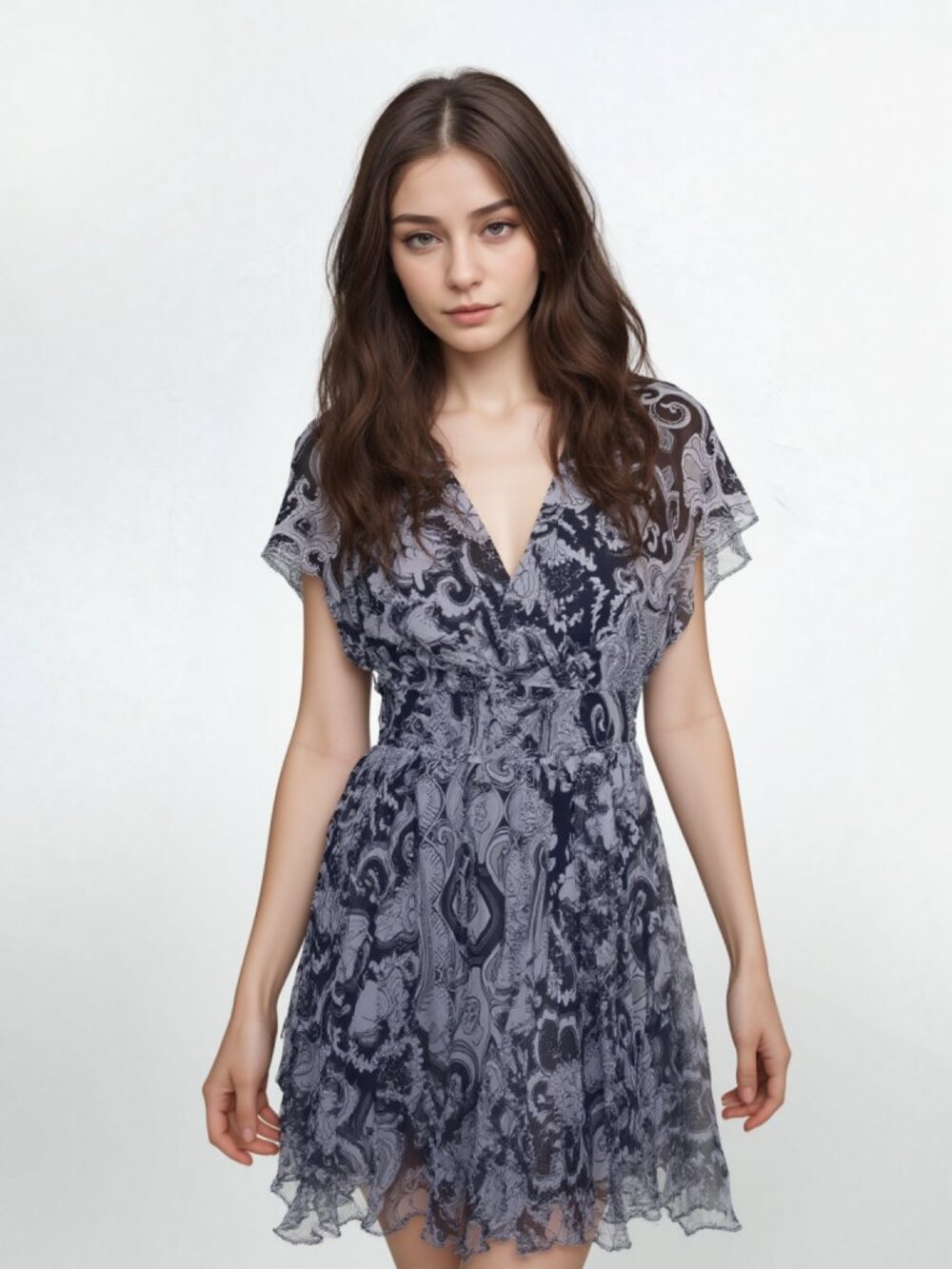 Hale Bob Black & Gray Paisley Sheer Short Sleeves Flowy Midi Dress